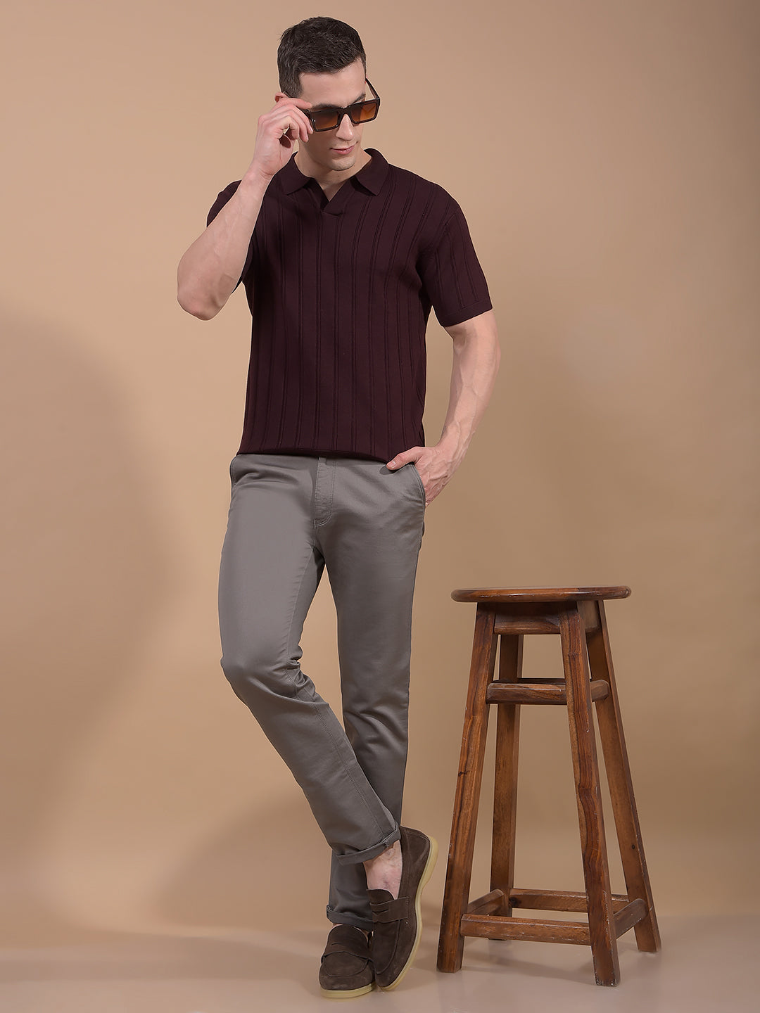 Wine Vertical Stripes Polo Neck T-Shirt-Men T-Shirts-Crimsoune Club