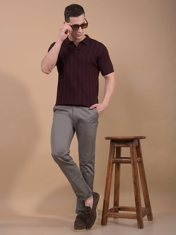 Wine Vertical Stripes Polo Neck T-Shirt-Men T-Shirts-Crimsoune Club