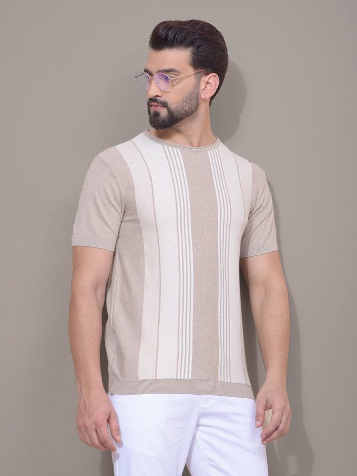 Beige Vertical Stripes T-Shirt-Men T-Shirts-Crimsoune Club