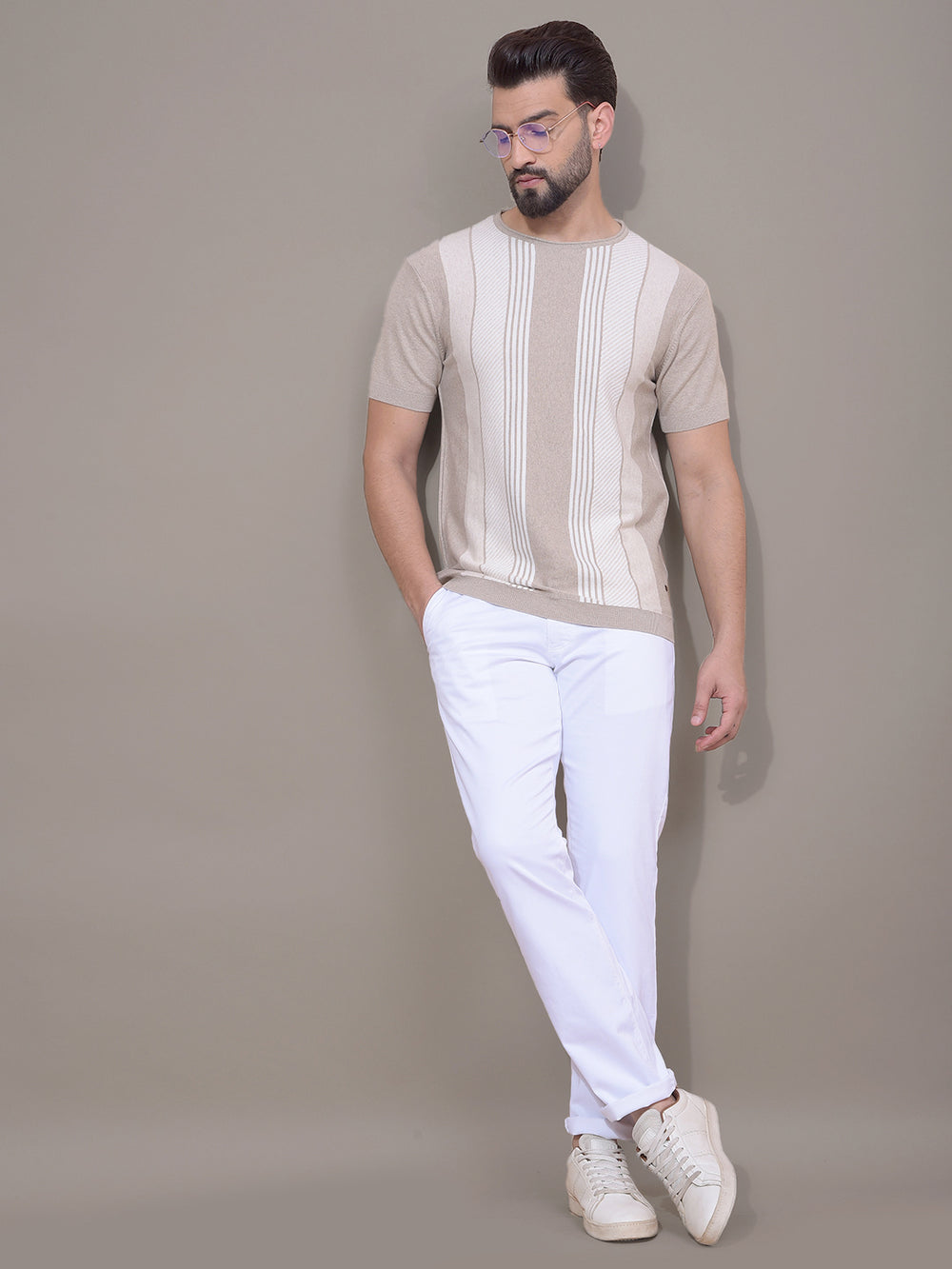 Beige Vertical Stripes T-Shirt-Men T-Shirts-Crimsoune Club