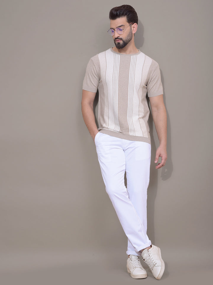 Beige Vertical Stripes T-Shirt-Men T-Shirts-Crimsoune Club