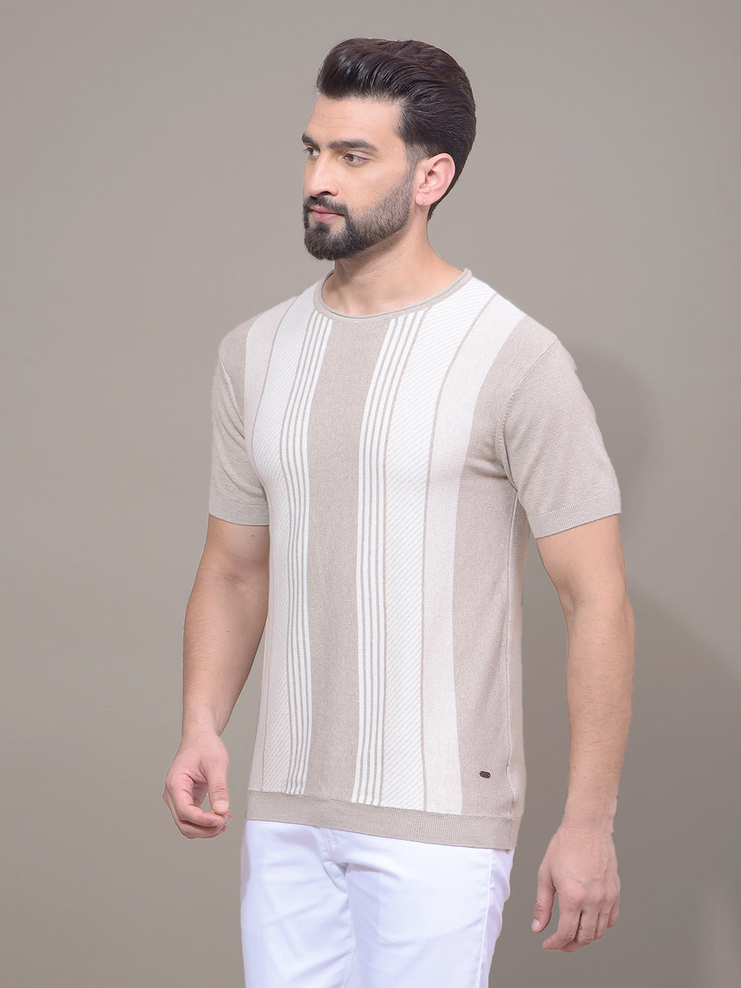 Beige Vertical Stripes T-Shirt-Men T-Shirts-Crimsoune Club