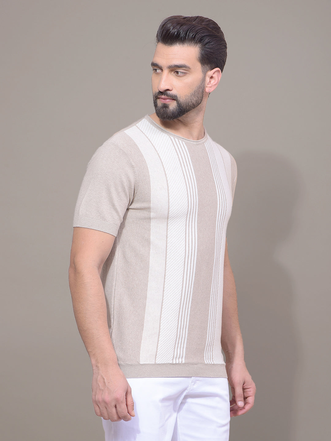 Beige Vertical Stripes T-Shirt-Men T-Shirts-Crimsoune Club