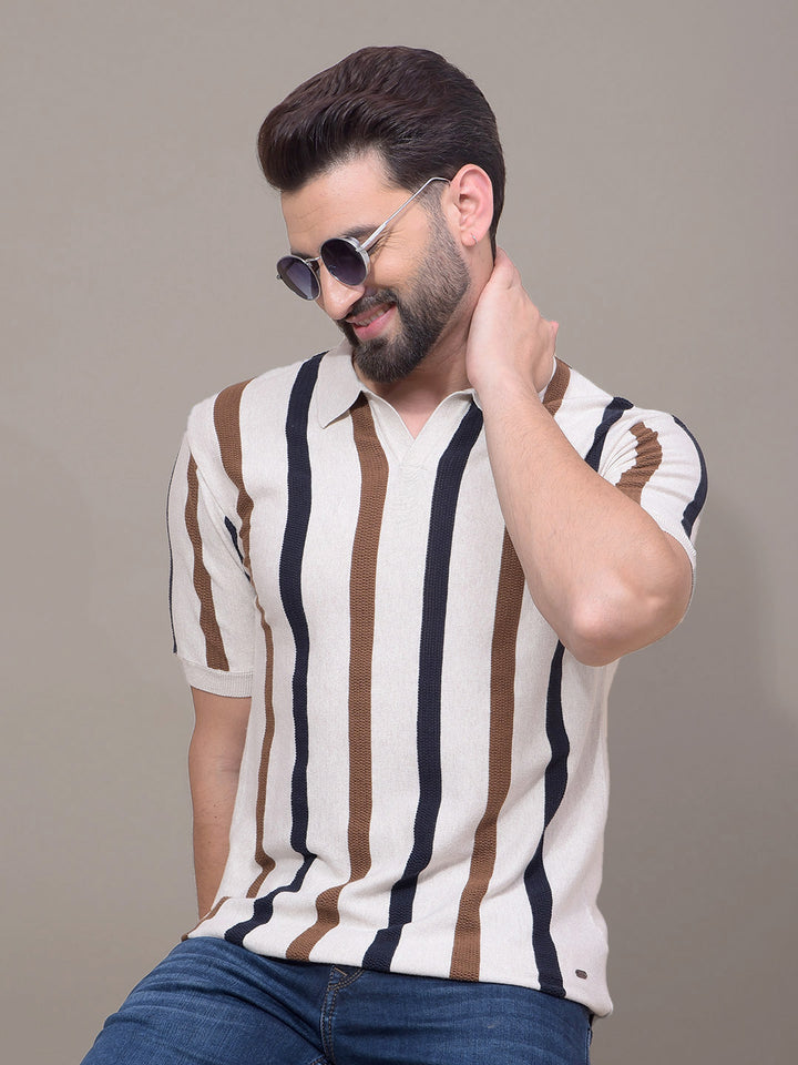 Beige Vertical Stripes Polo Neck T-Shirt-Men T-Shirts-Crimsoune Club