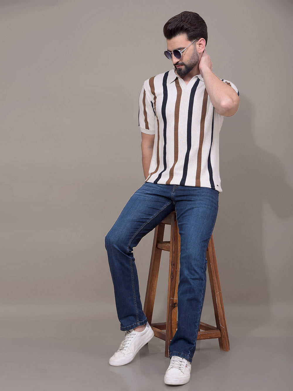 Beige Vertical Stripes Polo Neck T-Shirt-Men T-Shirts-Crimsoune Club