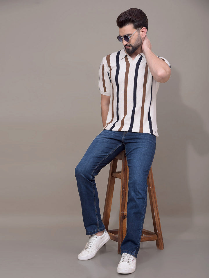 Beige Vertical Stripes Polo Neck T-Shirt-Men T-Shirts-Crimsoune Club