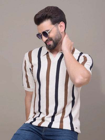 Beige Vertical Stripes Polo Neck T-Shirt-Men T-Shirts-Crimsoune Club