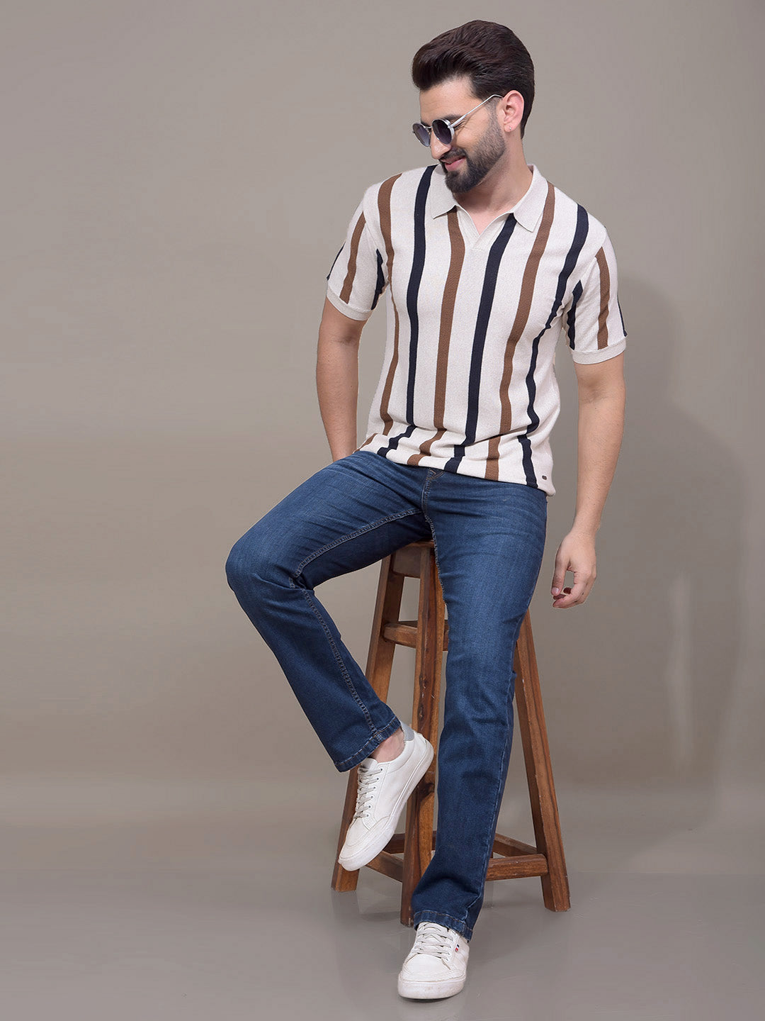 Beige Vertical Stripes Polo Neck T-Shirt-Men T-Shirts-Crimsoune Club