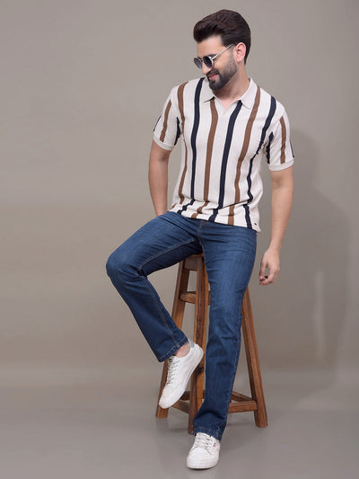 Beige Vertical Stripes Polo Neck T-Shirt-Men T-Shirts-Crimsoune Club