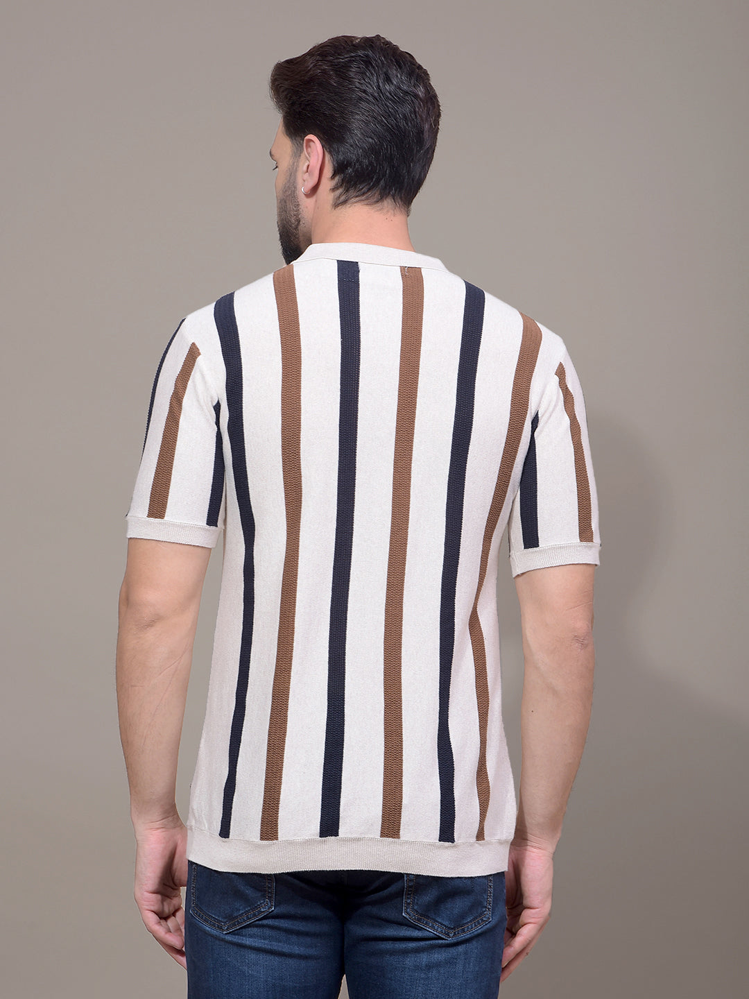 Beige Vertical Stripes Polo Neck T-Shirt-Men T-Shirts-Crimsoune Club
