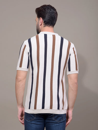Beige Vertical Stripes Polo Neck T-Shirt-Men T-Shirts-Crimsoune Club