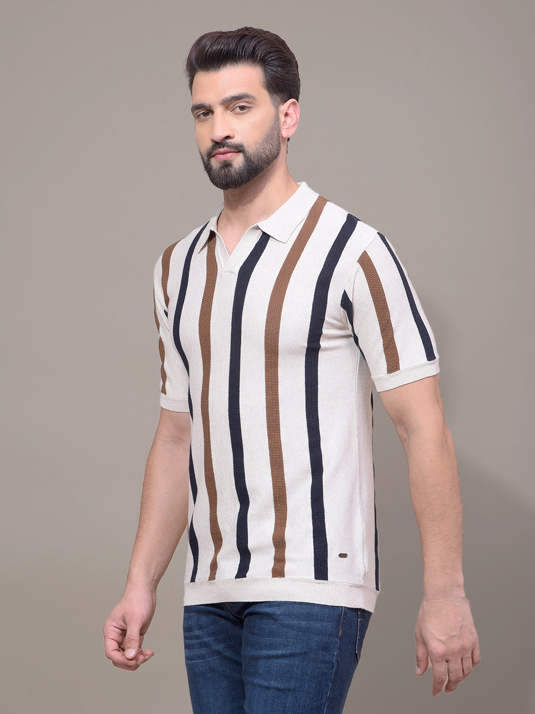 Beige Vertical Stripes Polo Neck T-Shirt-Men T-Shirts-Crimsoune Club