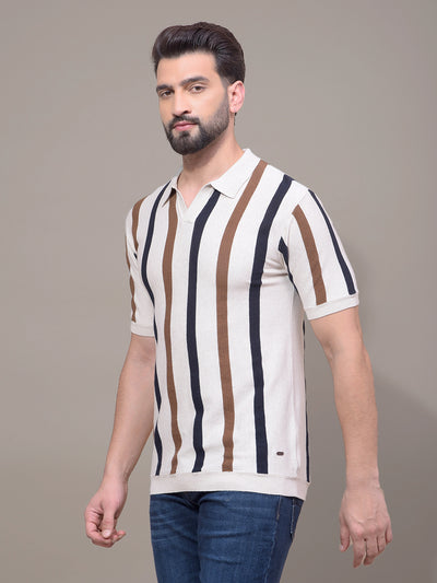 Beige Vertical Stripes Polo Neck T-Shirt-Men T-Shirts-Crimsoune Club