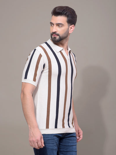 Beige Vertical Stripes Polo Neck T-Shirt-Men T-Shirts-Crimsoune Club