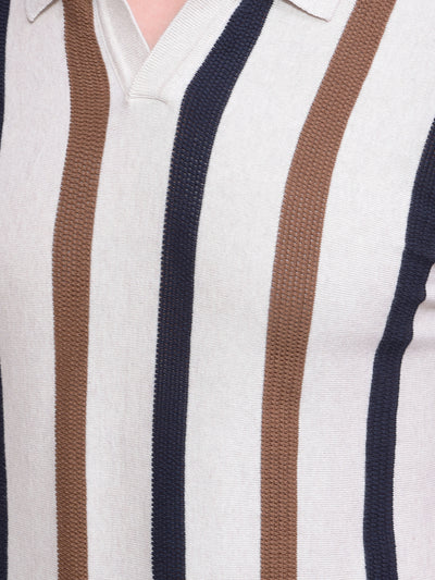 Beige Vertical Stripes Polo Neck T-Shirt-Men T-Shirts-Crimsoune Club