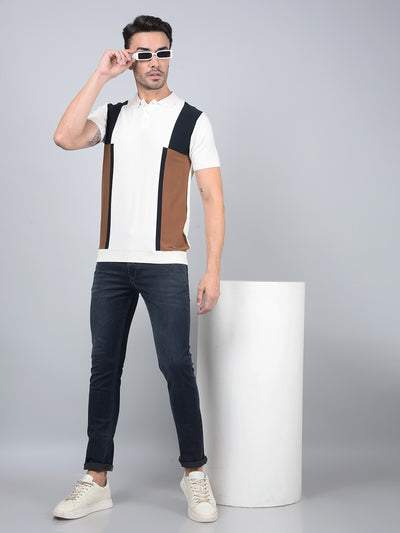 Brown Color-Blocked Polo Neck T-Shirt-Men T-Shirts-Crimsoune Club