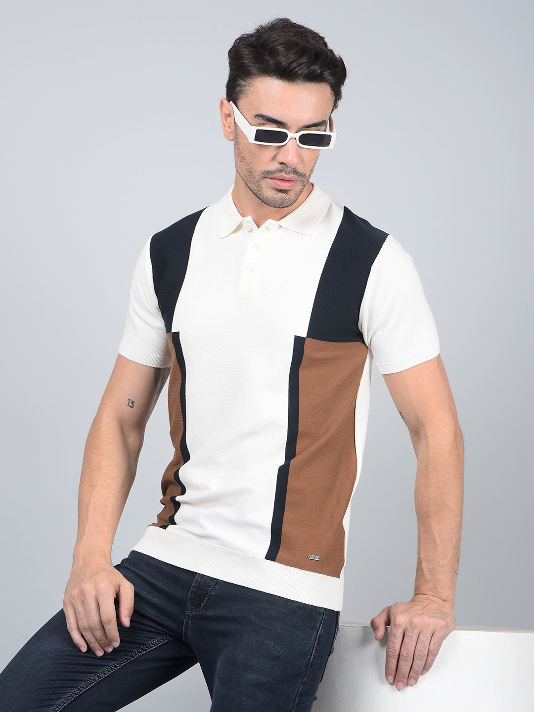 Brown Color-Blocked Polo Neck T-Shirt-Men T-Shirts-Crimsoune Club