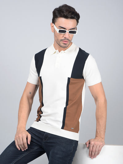 Brown Color-Blocked Polo Neck T-Shirt-Men T-Shirts-Crimsoune Club