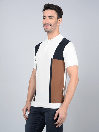 Brown Color-Blocked Polo Neck T-Shirt-Men T-Shirts-Crimsoune Club