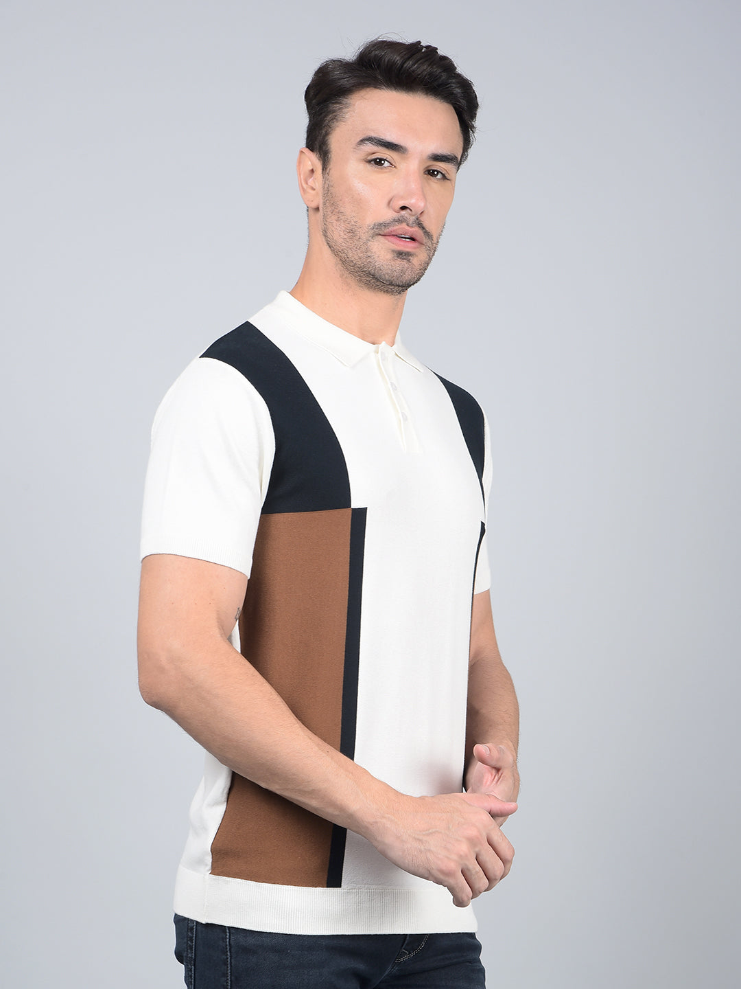 Brown Color-Blocked Polo Neck T-Shirt-Men T-Shirts-Crimsoune Club