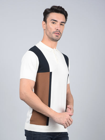 Brown Color-Blocked Polo Neck T-Shirt-Men T-Shirts-Crimsoune Club