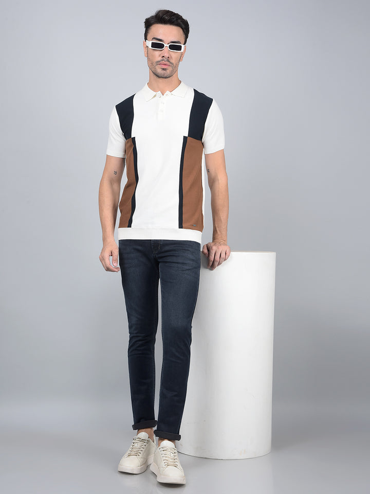 Brown Color-Blocked Polo Neck T-Shirt-Men T-Shirts-Crimsoune Club