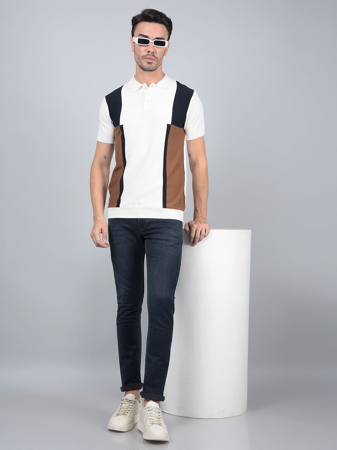 Brown Color-Blocked Polo Neck T-Shirt-Men T-Shirts-Crimsoune Club