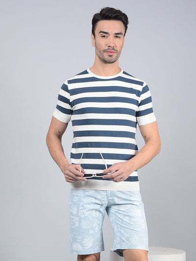 Blue Horizontal Stripes T-Shirt-Men T-Shirts-Crimsoune Club