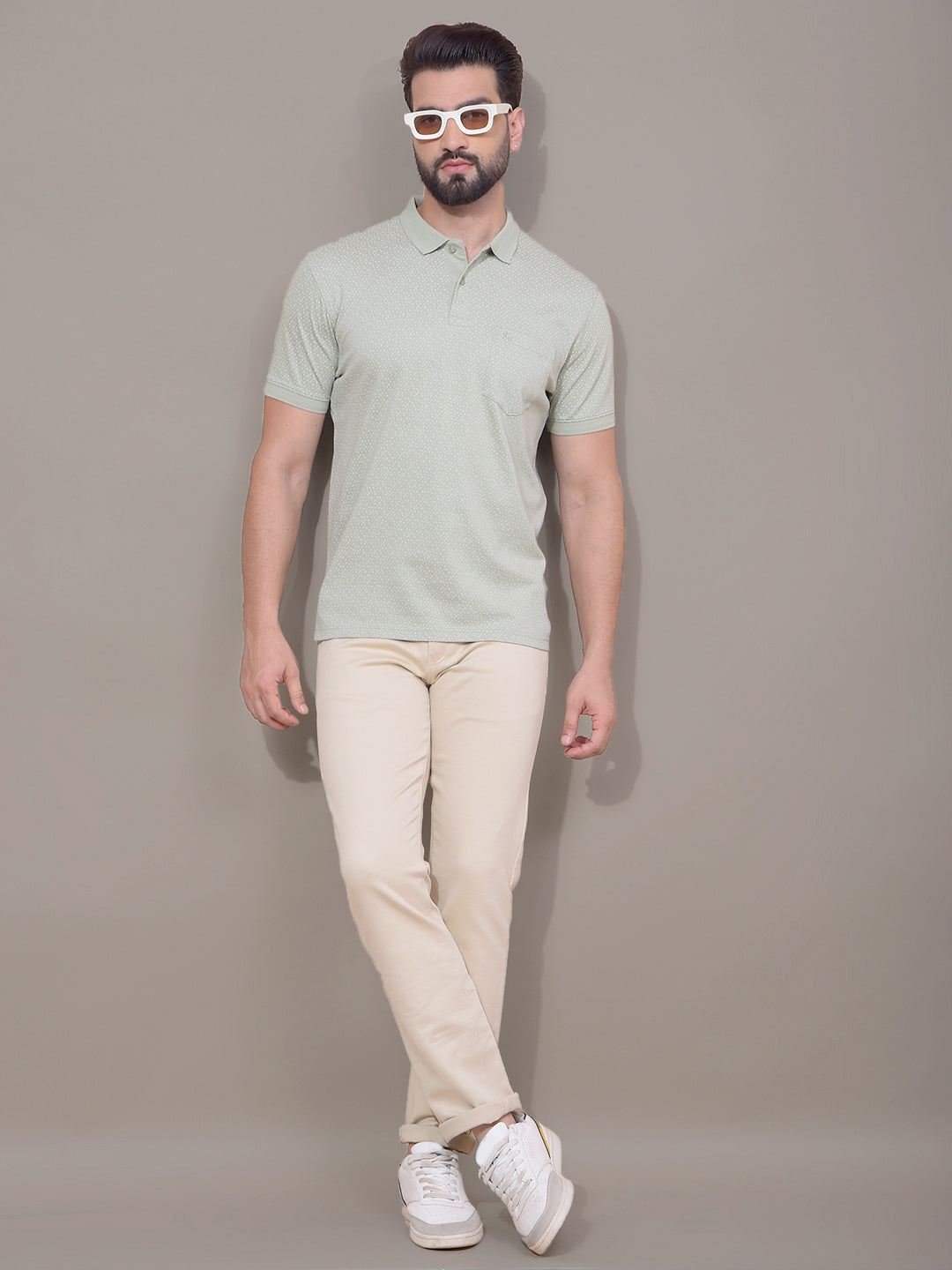 Green Polka-Dots 100% Cotton Polo Neck T-Shirt-Men T-Shirts-Crimsoune Club