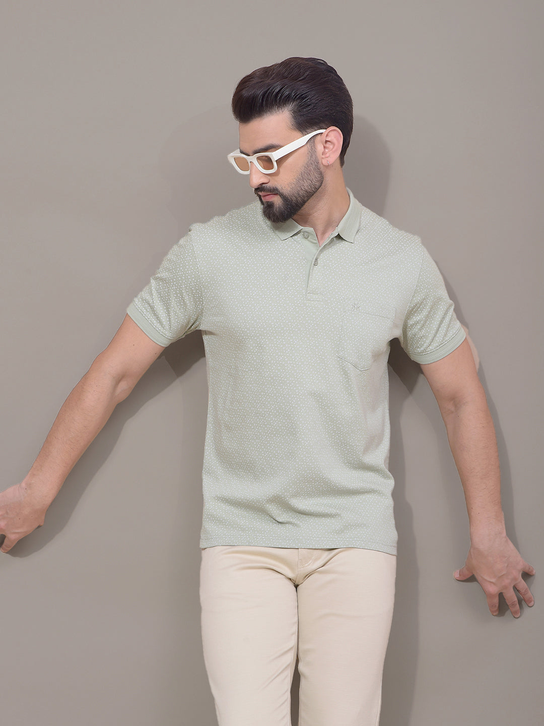 Green Polka-Dots 100% Cotton Polo Neck T-Shirt-Men T-Shirts-Crimsoune Club
