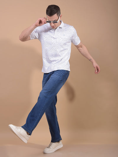 Blue Printed 100% Cotton Polo Neck T-Shirt-Men T-Shirts-Crimsoune Club