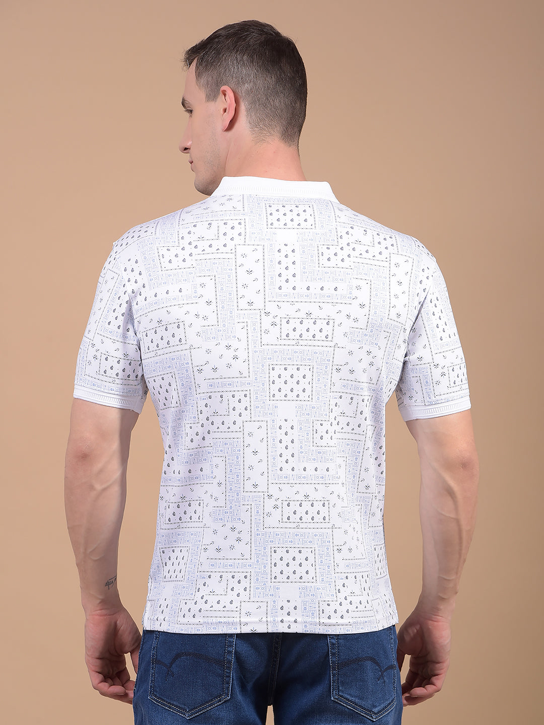 Blue Printed 100% Cotton Polo Neck T-Shirt-Men T-Shirts-Crimsoune Club