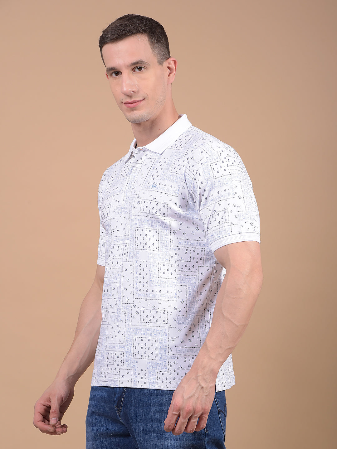Blue Printed 100% Cotton Polo Neck T-Shirt-Men T-Shirts-Crimsoune Club