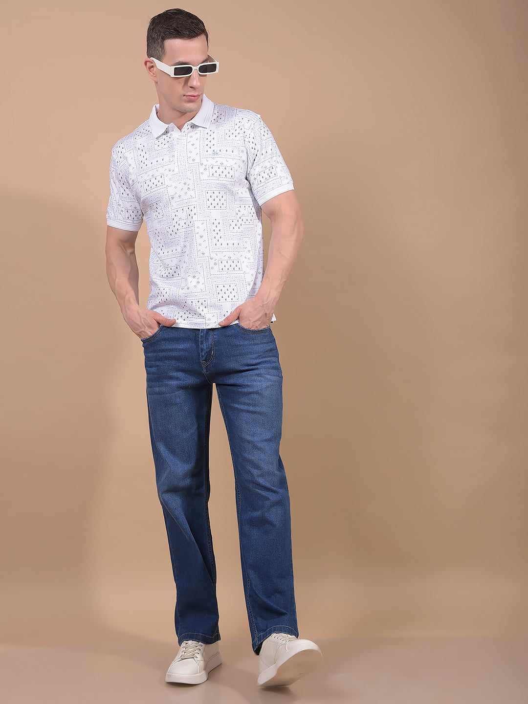 Blue Printed 100% Cotton Polo Neck T-Shirt-Men T-Shirts-Crimsoune Club