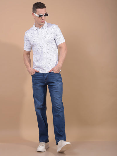 Blue Printed 100% Cotton Polo Neck T-Shirt-Men T-Shirts-Crimsoune Club
