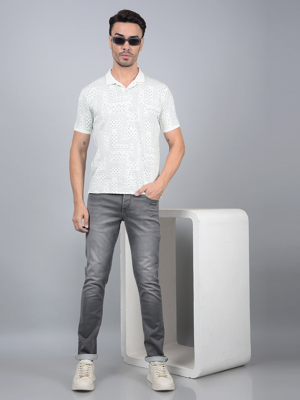 Green Printed 100% Cotton Polo Neck T-Shirt-Men T-Shirts-Crimsoune Club