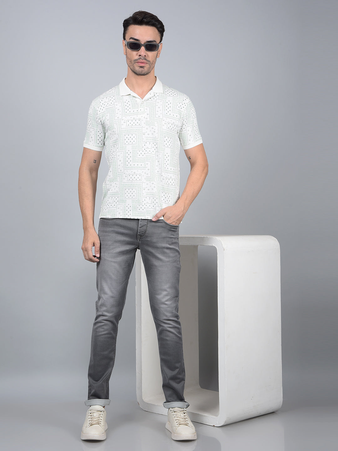 Green Printed 100% Cotton Polo Neck T-Shirt-Men T-Shirts-Crimsoune Club