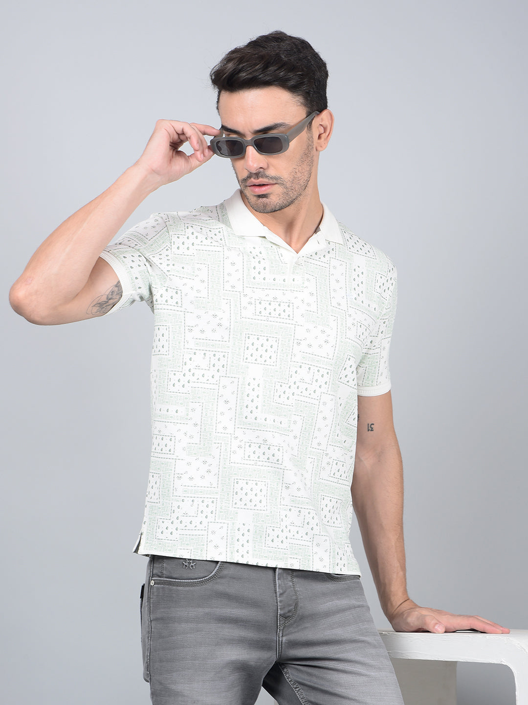 Green Printed 100% Cotton Polo Neck T-Shirt-Men T-Shirts-Crimsoune Club