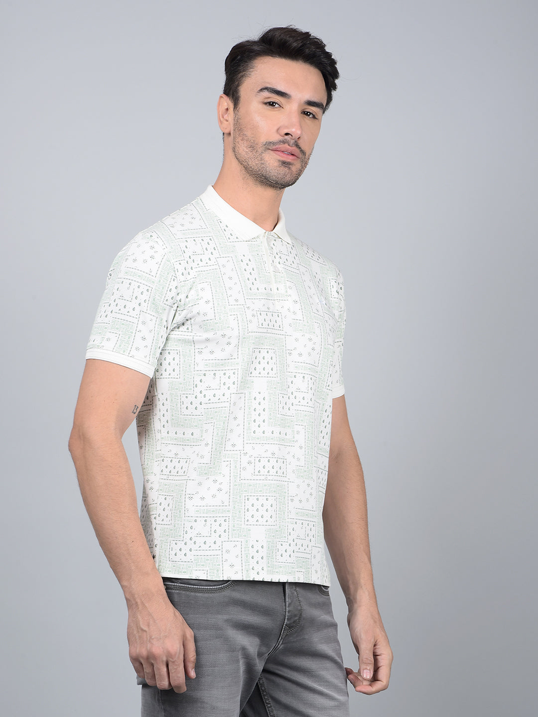 Green Printed 100% Cotton Polo Neck T-Shirt-Men T-Shirts-Crimsoune Club