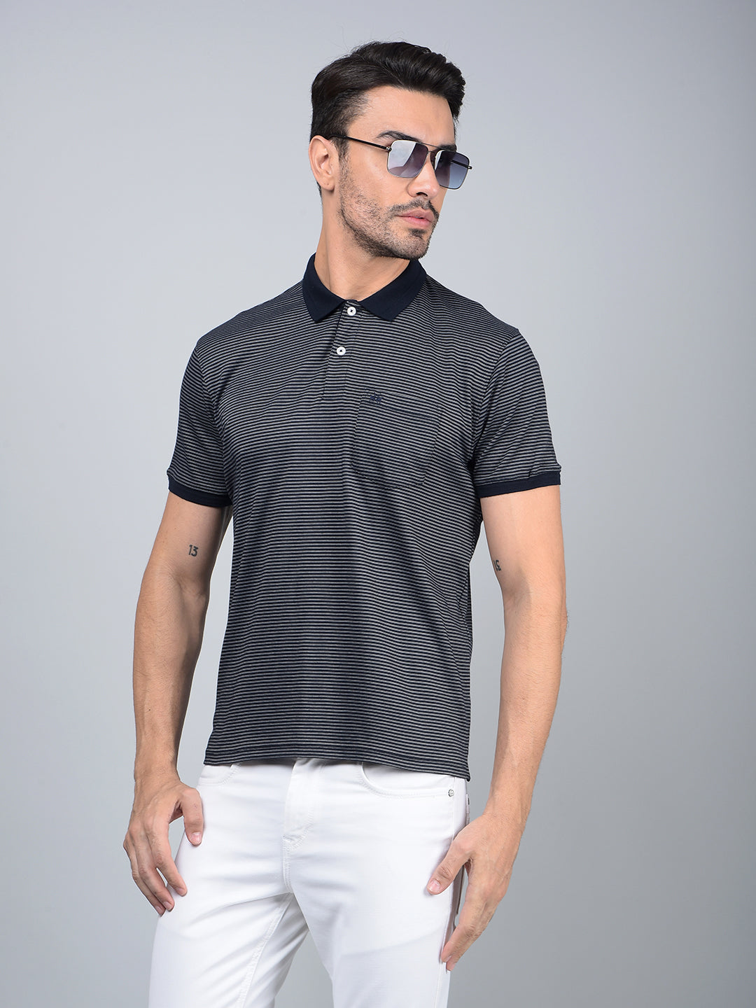 Navy Blue Horizontal Stripes Polo Neck T-Shirt-Men T-Shirts-Crimsoune Club