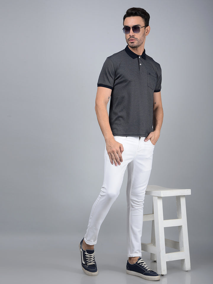 Navy Blue Horizontal Stripes Polo Neck T-Shirt-Men T-Shirts-Crimsoune Club