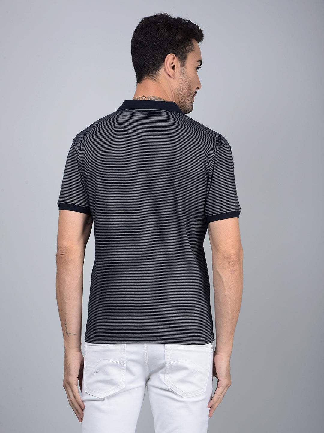 Navy Blue Horizontal Stripes Polo Neck T-Shirt-Men T-Shirts-Crimsoune Club