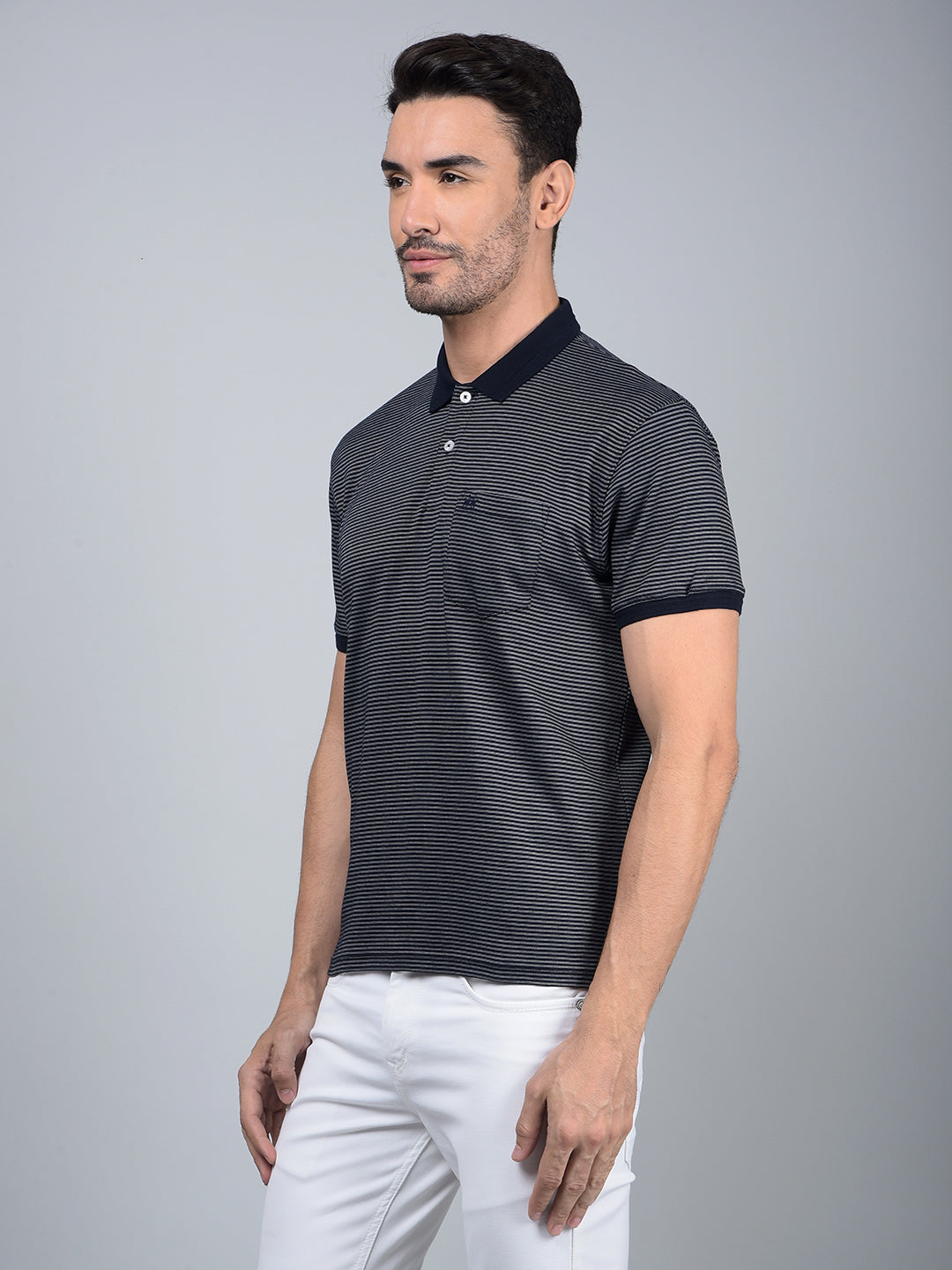 Navy Blue Horizontal Stripes Polo Neck T-Shirt-Men T-Shirts-Crimsoune Club