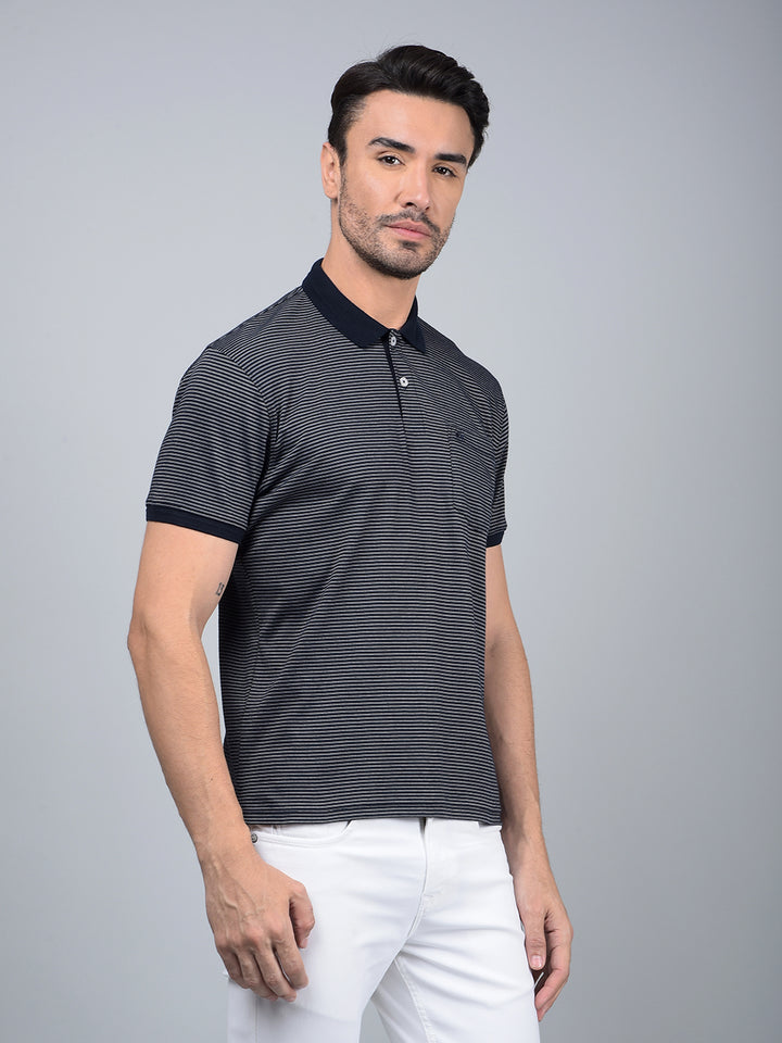 Navy Blue Horizontal Stripes Polo Neck T-Shirt-Men T-Shirts-Crimsoune Club