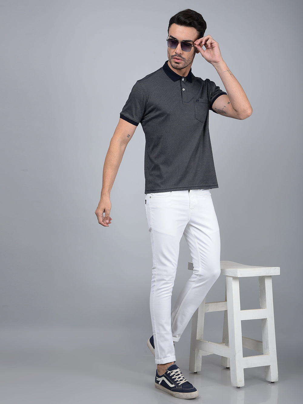 Navy Blue Horizontal Stripes Polo Neck T-Shirt-Men T-Shirts-Crimsoune Club