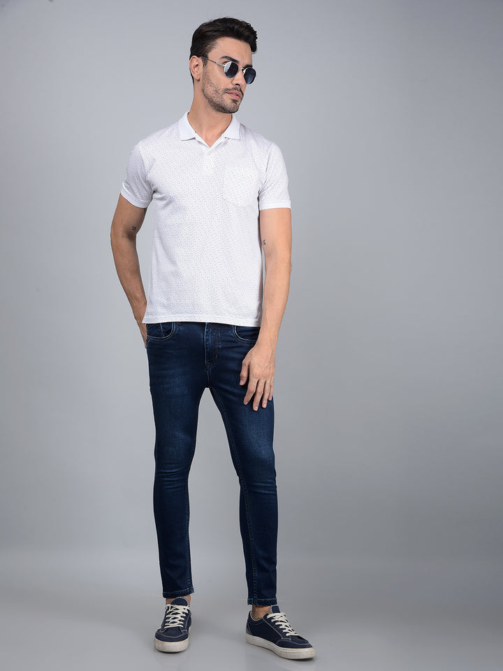 White Printed 100% Cotton Polo Neck T-Shirt-Men T-Shirts-Crimsoune Club