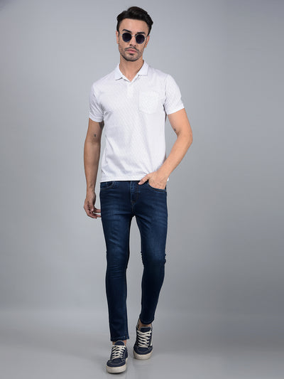 White Printed 100% Cotton Polo Neck T-Shirt-Men T-Shirts-Crimsoune Club