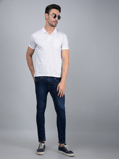 White Printed 100% Cotton Polo Neck T-Shirt-Men T-Shirts-Crimsoune Club