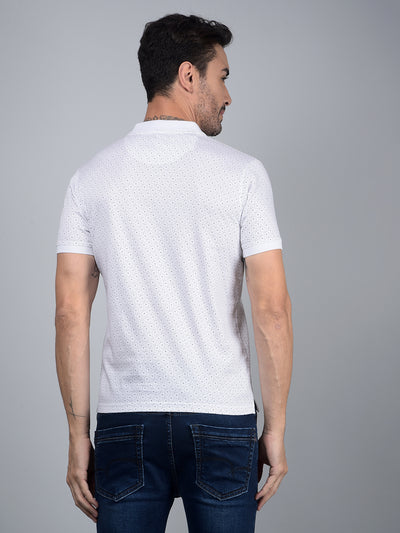 White Printed 100% Cotton Polo Neck T-Shirt-Men T-Shirts-Crimsoune Club