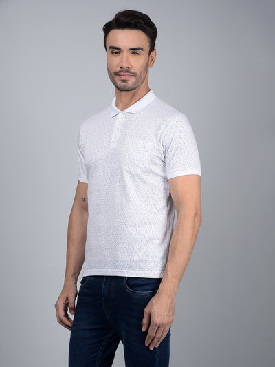 White Printed 100% Cotton Polo Neck T-Shirt-Men T-Shirts-Crimsoune Club